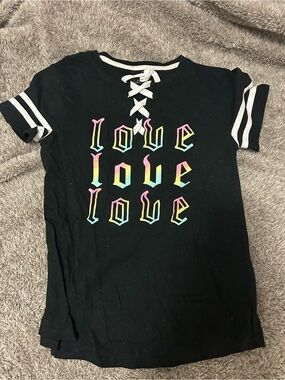 3/$20 Ideology Black Short-Sleeve Lace-Up Tee with Rainbow 'LOVE' Print
